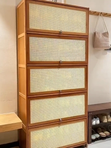 Shoe Cabinet with Imitation-Rattan Flip Door Minimalist Bamboo Shoe Cabinet Wood Shoe Cabinet