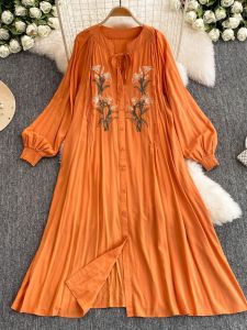 Hoa Thêu Cổ Điển Pháp Nữ Đầm Thiết Kế Rộng Rãi Thon Gọn Tay Lồng Đèn Midi Đầm Sơ Mi Phong Cách Hàn Quốc Đi Lại