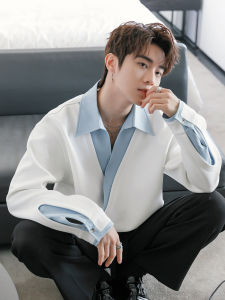 CHICERRO Sicilian Mens Long Sleeve Polo Neck Sweatshirt Youth Vitality Splice Fake Two-Piece Loose Fit Spring Season