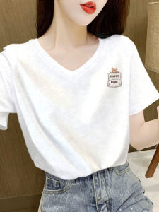 Summer 2024 New Arrival Slub Cotton Short Sleeve T-Shirt Womens Simple and Popular White V-neck Tops Loose Cotton T-shirt