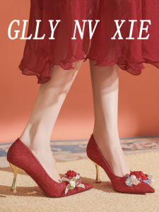 Red Chinese Wedding High Heels Two-Way Show Heel Bride Shoes Floral Decorations Elegant Fashion Single Shoes for Women