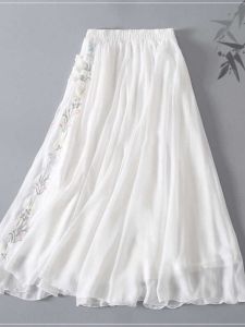 Elegant Embroidered Fairy Skirt with Button Design in Chiffon for Women Mid-Length Artistic Retro Half Skirt High Waist A-Line