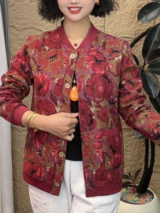 แจ็คเก็ตฤดูใบไม้ร่วงสไตล์วินเทจสำหรับผู้หญิง ทรงหลวม แขนยาว ปกกลม ไม่มีฮู้ด สำหรับผู้หญิงวัยกลางคนและผู้สูงอายุ