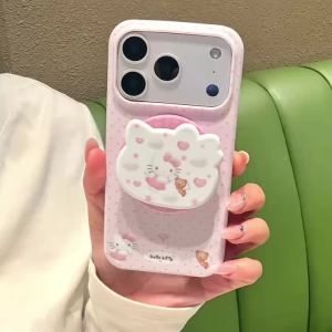 Sanrio | Cute Cartoon Pink Polka Dot Angel Hello Kitty Magnetic Stand Holder Phone Case For 17 16 15 Pro Max 17 Pro Shockproof Cover