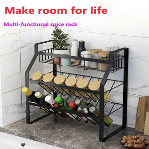 Three tier stainless steel kitchen storage rack seasoning rack sauce bottles rack Organiser Adjustable