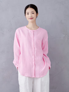 Ancient Rhyme Duo Imported French Style Loose Fitting Long Sleeve Shirt for Women in Pink with Patchwork and Pocket Details