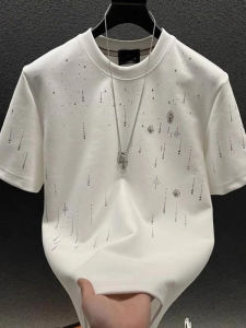 Spring 2025 Mens Casual Short Sleeve T-Shirt round Neck Full Diamond Embellished Lightweight Cotton Breathable Fashion Top