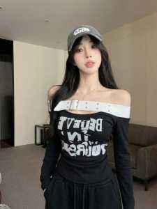 GUZILIAN | Off-Shoulder Letter Print Long Sleeve Leisure T-Shirt and Wide Leg Pants Set
