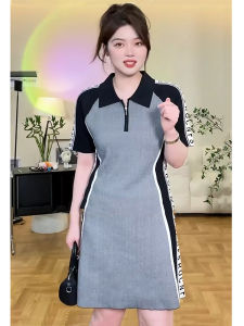 Yokoc plus Size Womens Dress Polo Collar Slimming Long Dress Summer Meat Covering A-Line Dress Korean Style Zipper Closure