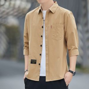 ROMON | Lormen Mens Seven-Sleeve Shirt Casual Loose Business Pure Cotton Summer Workwear Half Sleeve Button-Up Clean Style Thin Model