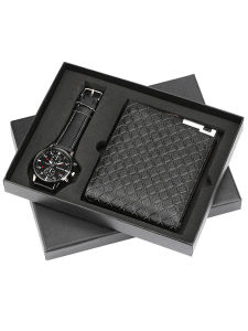 Leather Wallet Quartz Wrist Watch Gift Set for Boyfriend Men Casual Style Large Dial Pointer Display round Shape Alloy Case