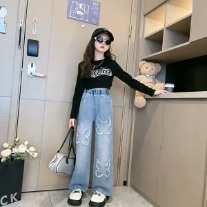 2024 Jeans for Kids Girls Wide Leg Trousers 5-16 Yrs Butterfly Denim Jeans Loose Pants Fashion Korean Trousers Loose Jeans Straight Leg Denim Jeans for Kids Girls