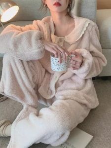 Thickened Flannel Home Clothes Set for Women Casual Loose Baby Doll Collar Fleece Lined Warm Coral Fleece Autumn Winter Home Clothes Set