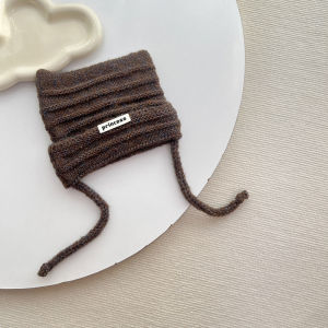 Childrens Knitted Hat Autumn Winter Solid Color Fashionable Tag Overhead Rope Warm Woolen Cap Baby Toddler Ear Protection Hat