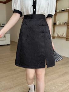Black Jacquard Retro National Style Skirt Womens Summer Plus Size High Waist Temperament Slimming Slim Fit A- line Skirt Split Midi Skirt