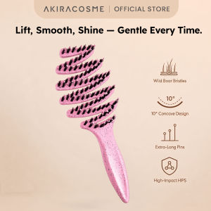 Akiracosme Natural Wild Boar Bristles Hair Brush 10° Curved Design Japan AKIRA Straightening Hair Comb Anti-Static Reduce Frizz & Dryness Add Shine & Volume For Women Men