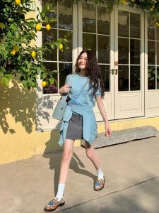 Blue Knitted Short Sleeve Open Cardigan Outerwear Two-Piece Set Womens Autumn High-End Feeling Top Creambaby Studio