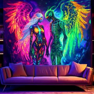 VIKAMA Psychedelic Wing Skeleton Lady Tấm Thảm Treo Tường Neon Rainbow Hippie Art Trippy Teen Trang Trí Phòng Không Dệt Polyester Vải Treo