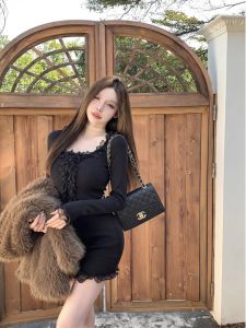 Pure Desire Style Women's Fitted Short Dress Base Layer Bottoming Skirt Spring Autumn New Model Slimming Lace Trim Dress