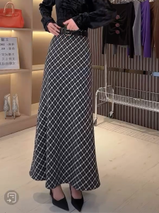Fashionable Plaid Midi Skirt Womens Autumn New Style High Waist Flattering Meat Concealing Skirts Korean Style Commute