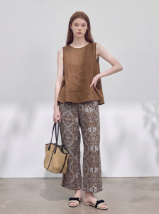 GULILI | Khaki Linen Sleeveless Top with Print Wide Leg Pants Womens Casual Set