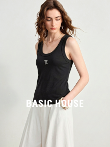 Basic House | Black Embroidery Sleeveless Vest Women Summer Slimming Sport Round Neck