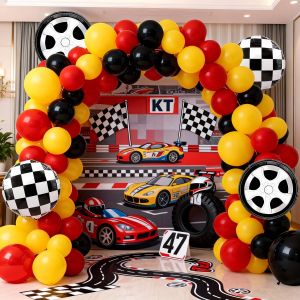126Pcs Racing-Themed Birthday Party Balloon Decoration Set Red Yellow and Black Latex Balloons Paired with Wheel Hub Foil Balloons Perfect for Boys Racing-Themed Birthdays Baby Showers Graduation Ceremonies and Bachelor Party Decorations