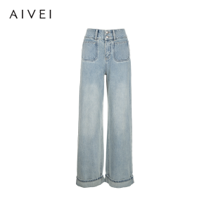 Aivei Summer New Slim Fit Embroidered Cuffed Straight Leg Jeans High Waist Zipper Pocket Casual Style Womens Premium Jeans