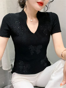 Fashionable Versatile Short Sleeve Womens T-Shirt New Arrival Summer Wear Cinched Slimming Pullover V-neck Half Sleeve Womens Clothing Western Style Rhinestone T-shirt