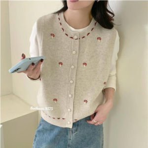 เสื้อกั๊กถักปักรูปเห็ดสไตล์เกาหลีสำหรับผู้หญิง คอกลม แขนยาว ทรงหลวม แขนกุด แฟชั่นฤดูใบไม้ร่วง 2025