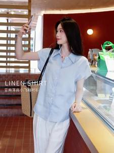 CHUMIAN | Cotton Linen Drop Shoulder Short Sleeve Womens Blouse