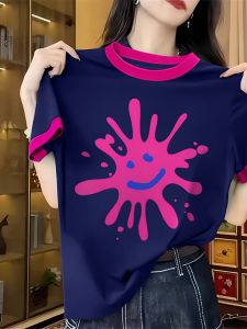 เสื้อยืดแขนสั้นผ้าฝ้ายแท้สำหรับผู้หญิง ทรงหลวม สไตล์เกาหลี ลายพิมพ์ แฟชั่นฤดูร้อน เสื้อผ้าทำงาน แขนสั้น ปกติ