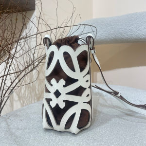 Womens Hollow out Mobile Phone Bag Mini Drawstring Canvas Inner Pocket Top Layer Cowhide Bucket Shoulder Bag Casual Style