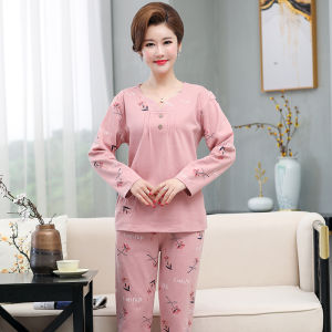 Mùa Thu Cotton Vải Bông Bộ Đồ Ngủ Cho Mẹ Dài Tay Cổ Tròn Cỡ Lớn Đồ Ngủ Bộ Quần Áo Gia Đình Thoải Mái Trung Niên Nữ Váy Ngủ