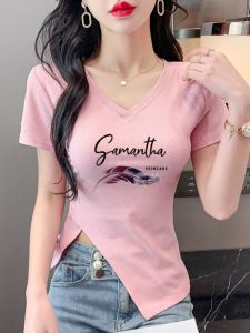 Short Sleeve V-Neck Split Design Casual Top Womens Fashion T-Shirt Slim Fit Mini Length Korean Style Commute Court Style