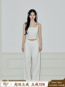 Áo Vest Ngắn Mùa Hè Màu Trắng ELEVEN SLEEP Dành Cho Nữ Áo Ba Lỗ Bó Sát Áo Chui Đầu Cổ Chữ V Áo Chui Đầu Cotton Pha Trộn