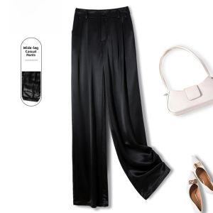 TUOYUN | Acetate Satin Wide Leg Pants Womens Summer Thin Cool High Waist Casual Suit Pants Original Style Pocket Detail High Waist Straight Cut
