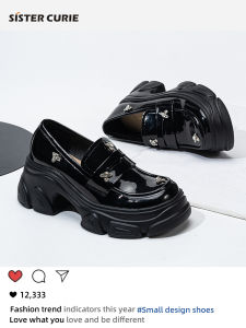 Ji Jingyi Womens Flats Shoes Heightening Thick Bottom Black Leather Versatile JK Uniform Genuine Leather Single Shoes