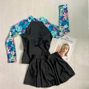 [Size M L XL XXL] Đồ bơi nữ chống nắng giữ nhiệt tay dài phối váy xoè đen đi bơi biển tiện dụng Bikini SG