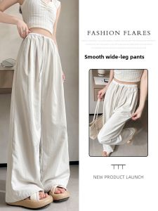 YAMIANNV | High Waist Wide Leg Pants Womens Thin Texture Sensation Drapey Slim Straight Loose Lazy Seng Pants Summer Fashion Cotton Blend
