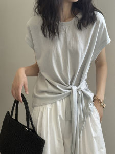 DUOFEIYAN | Slim Fit Elegant French Grey Waist-Tie T-Shirt