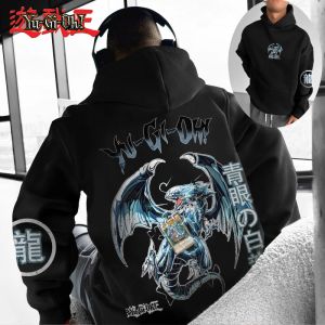 Bandai | Classic Yu Gi Oh Ace Monster Blue Eyed White Dragon Printed Mens Autumn and Winter Thick and Wide Y2K Halloween COS Wide Hoodie