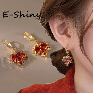 Shiny Red Rhinestone Ear Buckle Maple Leaf Dangle Earrings for Women Daily Fine Accessories