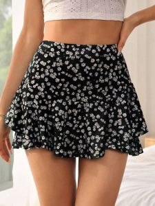 Quần Short in Ren Xếp Ly Cạp Cao Cho Nữ Mùa Hè Rộng Rãi Họa Tiết Hoa Mini Váy Nửa Thân Trên