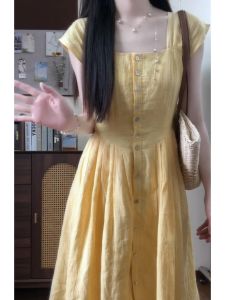 HUAYILING | French Style Gentle Vacation Yellow Striped Summer Long Dress