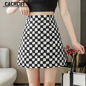 CACNCUT Korean Style Fashion Women Skirt High Waist A-Shaped Hips Skirt Checkerboard Plaid Skirt