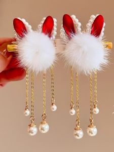 Chinese New Year Red Tassel Hair Accessories Hanfu Baby Girls First Birthday Headwear Traditional Chinese Style Hairpins