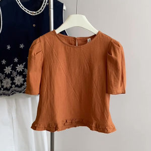 PAIBOLI | Elegant Round Neck Short Sleeve Shirt Summer Plus Size Overhead Blouse With Lace Trim Hem Design Commute Style Loose Fit