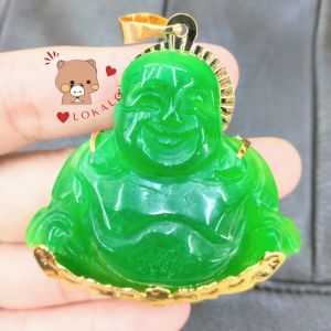 Mặt Dây Chuyền Phật Di Lặc Đá Cẩm Xanh Khung Đồng Mạ Vàng (05 cm x 05 cm) - Người Đeo May Mắn Bình An Làm Việc Thuận Lợi (Có Video Thật) 29922