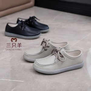 Leather Lace-Up Flat Casual Shoes Womens Cotton-Enhanced Soft Bottom round Toe Comfortable Footwear for Middle-Aged And Elderly